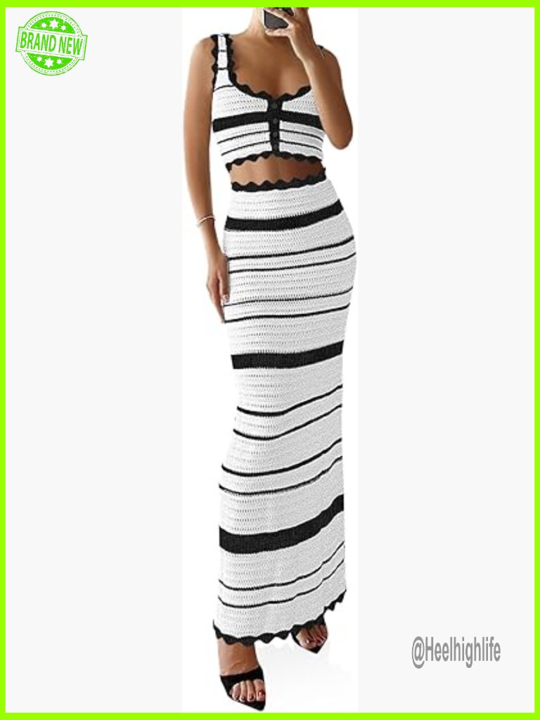 Slim Fit Crochet Coverup Set, Sleeveless Crop Top & Maxi Skirt, Summer